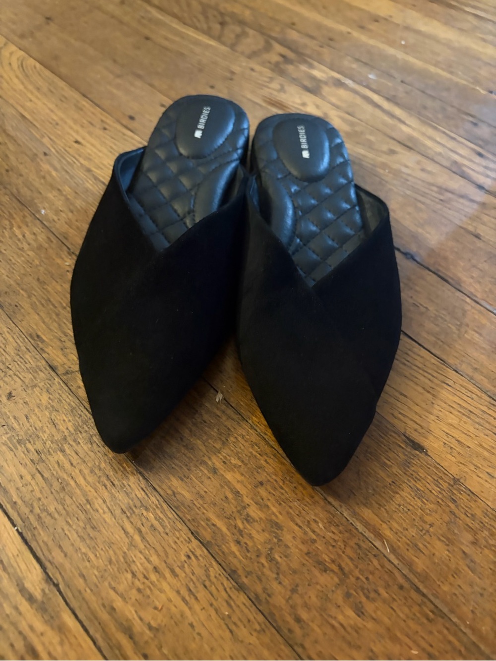 Birdies The Swan black suede mules, quilted insole. Black Pointed-Toe size 7.5 - Picture 2 of 5